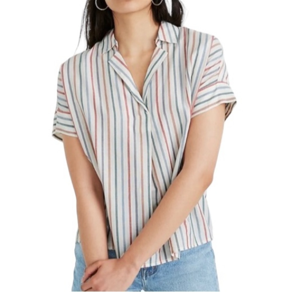 Madewell ‘Park’ Popover Rainbow Stripe Top Oversized Fit 100% Cotton Size XXS